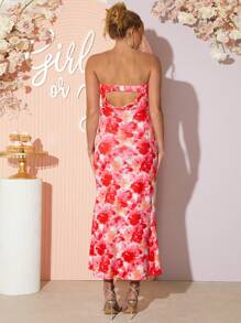 Loomaby Pregnant Women's Elegant Floral Print Mermaid Dress,Gender Reveal Dress,Baby Shower Dress,Maternity Dress - Red - View 2