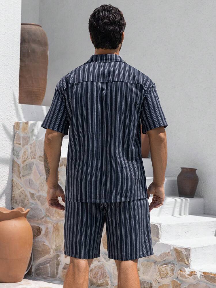 Blue And White Striped Men's Shirt Set, Summer