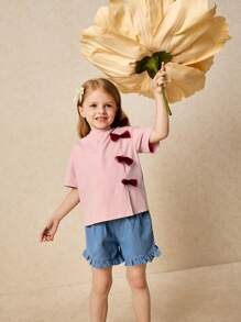 SHEIN Camiseta de cuello redondo para niñas jóvenes y elegante con decoración de lazo rosa, primavera/verano - Rosa - Ver 4