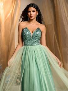 Glamrae Elegant Light Green Sequined Strapless Dress,Beaded Hem ...