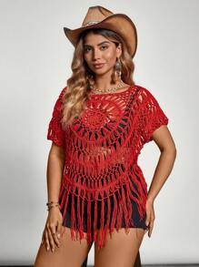SHEIN VCAY Plus Size Solid Color Knitted Top, Fashionable For Summer,Western Wear Women - Red - View 6