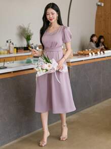 DAZY Solid Color Square Neck Puff Sleeve Pleated Midi Dress For Women Elegant Sundress - Pink - View 7