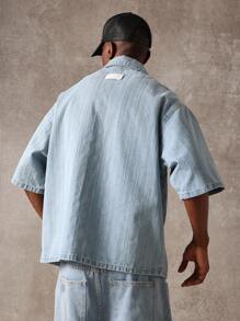 SUMWON Casual Denim Overshirt Button Down Short Sleeve Work Wear Summer Spring Relaxed Fit Vintage Style Classic Urban Streetwear Top - Light Wash - View 2