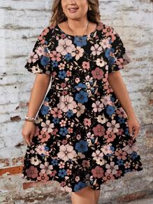 EMERY ROSE Casual Minimalist Floral Print Loose Fit Round Neck Short Sleeve Plus Size Dress, Suitable For Spring And Summer - Multicolor - View 4