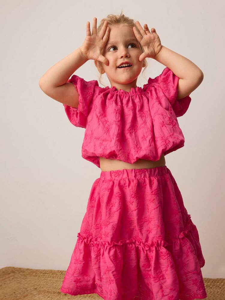 Young Girl Summer 2pcs Set: Solid Color Bow Embroidery Square Collar Petal Sleeve Top & Relaxed A-Line Ruched Flared Hem Skirt, Casual Vacation Bohemian Style