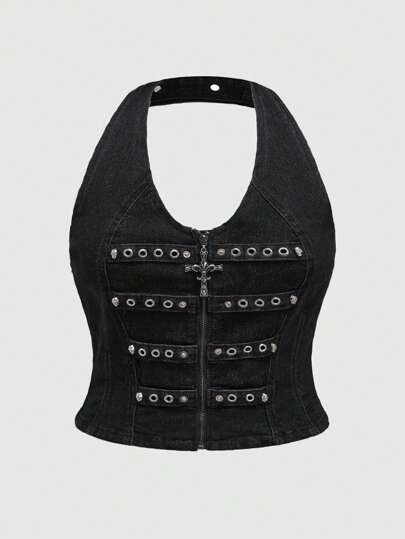 Grunge Punk Y2K Punk Rivet Decorated Denim Skinny Deep V Neck Plus Size Halter Crop Top