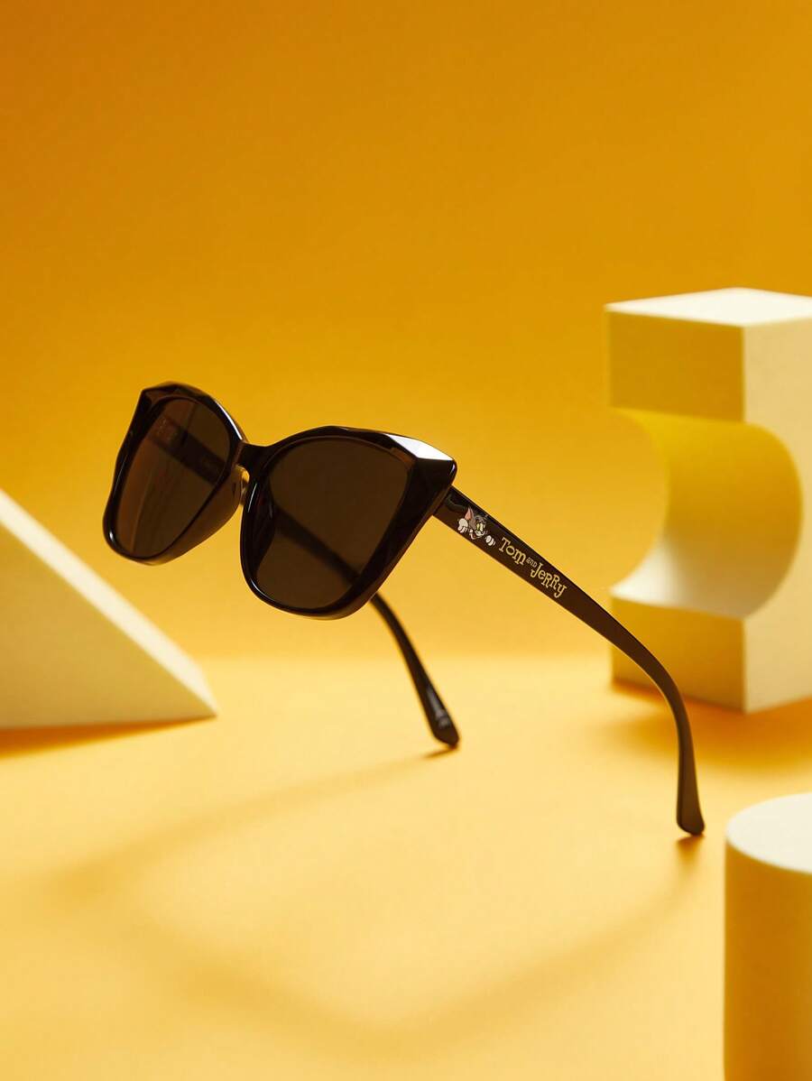 TOM & JERRY X SHEIN Letter & Cartoon Cat Print Geometric Frame Fashionable Fashion Glasses - Black - View 1