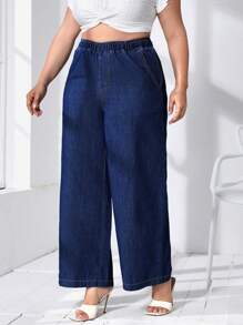 SHEIN Essnce Jeans a vita elastica con tasche, a gamba ampia, taglie comode per donne