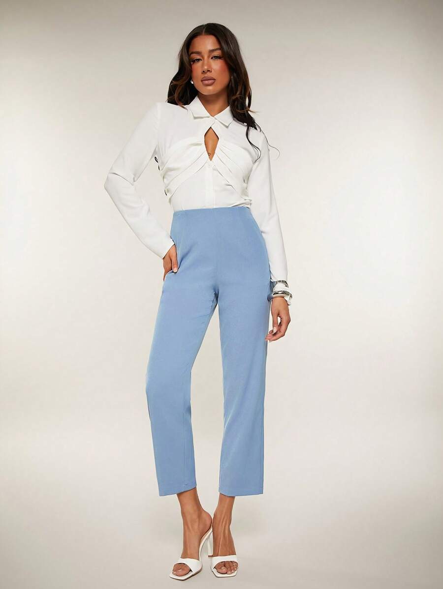 SHEIN Unity 高腰修身商务休闲办公裤，带美人鱼口袋，适合办公室休闲早午餐、秋季、感恩节、圣诞节、新年夜等场合，女士款 - 藍色 - 查看 1