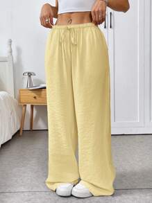 SHEIN EZwear 女士黄色编织长裤，夏季时尚 - 黃色 - 查看 3