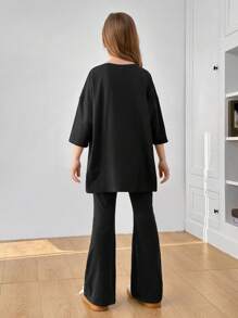 SHEIN Tween Girl Casual Woven Label Decor Loose Fit Crew Neck Short Sleeve T-Shirt And Bell Bottom Pants 2 Pieces Set - Black - View 2