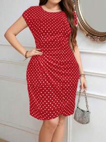 SHEIN Clasi Plus Size Women Black Base White Polka Dot Dress, Elegant Everyday Wear, Spring - Red - View 4