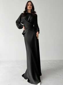 Firerie Women's Elegant Apricot Satin Asymmetrical Hem Satin Skirt - Black - View 3