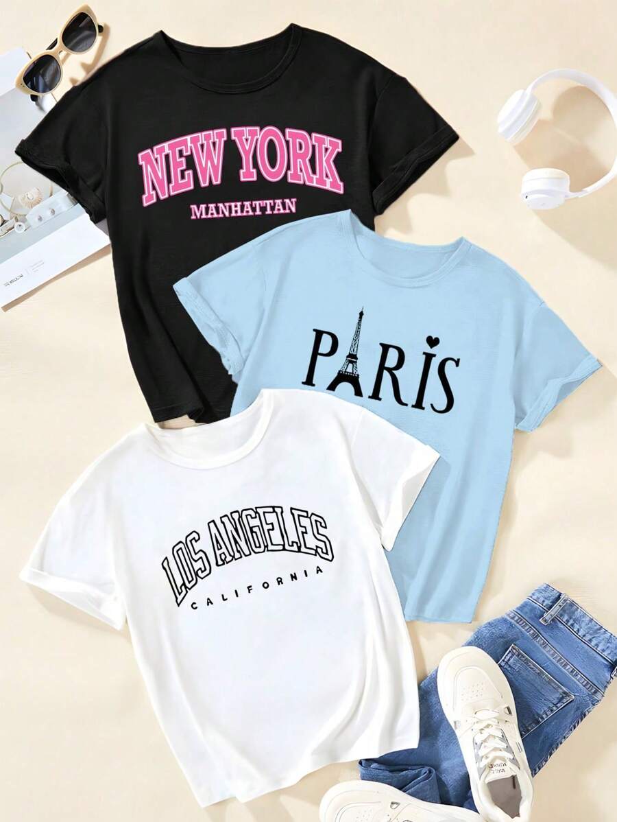 SHEIN Bộ đồ ba mảnh tay ngắn cho bé gái tuổi teen có in chữ đặc biệt NEW YORK Paris Regional City Culture Customs Áo phông in đặc biệt Design Sense Versatile Casual tay ngắn ba mảnh - Nhiều màu - Xem 1