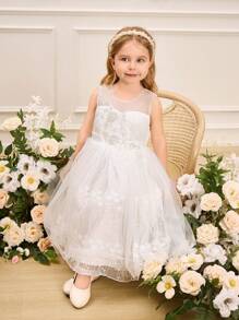 SHEIN Glamorique Kids Vestido de Dama de Honra para Meninas Festa de Aniversário Casamento Formal - Vestido de Princesa Cetim Branco e Tule Transparente com Decoração Floral 3D, Adequado para Eventos Formais, Palco, Recital de Piano, Festa, Sessão de Fotos - Estilo de Verão, Europeu