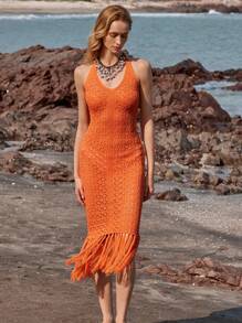 Lumivelle Orange Spaghetti Strap Backless Dress, Hollow Floral Gradient Color Fishtail Dress For Holiday