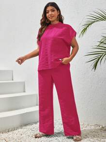 SHEIN VCAY Camiseta de manga de murciélago y pantalones de pierna ancha de verano de talla grande