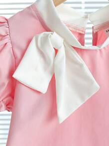 Genkimix Kids 2 件套少女蝴蝶结装饰泡泡袖短袖上衣和裤子套装 - 粉色 - 查看 3