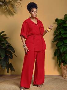 Slaydiva 大码女式优雅办公和度假胸袋抽绳腰衬衫和裤子两件套 - 紅色 - 查看 4