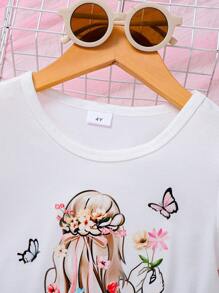 2 bucăți/Set Imprimare portret de fetiță împerecheată cu fustă de tort florală stratificată, potrivită pentru ocazional, sezonul nunților, picnicuri în aer liber și alte ocazii - alb - Vizualizare 5