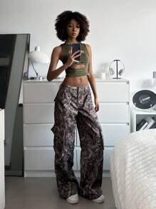 SHEIN EZwear 夏季乡村音乐会分支印花工装口袋阔腿宽松休闲裤 - 彩色 - 查看 5