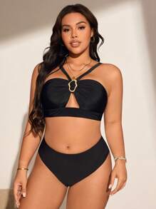 Swim Oasis Plus Size Solid Color Bikini & Beachwear Cover-Up Skirt Set For Resort And Beach - Black - View 3