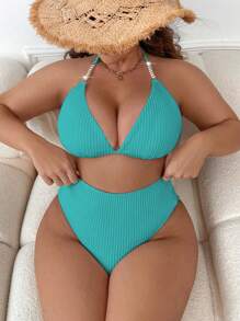 Swim Lushoire 大码女式 2 件套纯色特殊面料分体式泳衣套装 - 淺藍色 - 查看 4