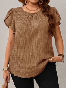 EMERY ROSE Plus Size Women's Blue Petal Sleeve Shirt, Early Spring - Khaki - View 1