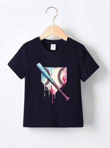Camiseta deportiva roja de manga corta y cuello redondo con estampado de béisbol para niño
