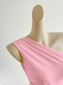 Elamini 杏色褶皱紧身肩带衬衫，时尚简约休闲优雅日常通勤上衣，女士，春夏 - 粉色 - 查看 5