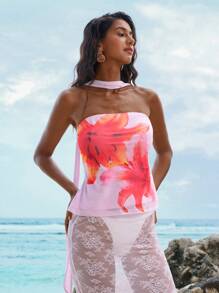 Opulessa Floral Print Knitted Mesh Fitted Camisole Top For Women - Pink - View 4