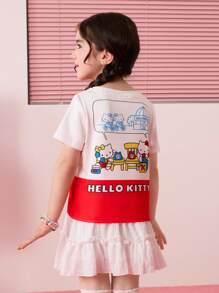 HELLO KITTY AND FRIENDS | SHEIN 年轻女孩卡通骑自行车印花红色 T 恤，俏皮可爱
