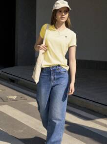 Jouncy Maglietta casual versatile da donna con stampa a pentagramma, scollo a V e maniche corte, top color giallo burro