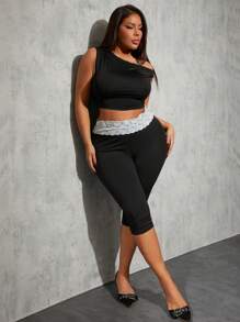 SHEIN SXY Plus Size Fashion Solid Asymetryczny Dekolt Koronka Patchwork Koszulka i Legginsy 2 Części Zestaw, Lato - Czarne - Zobacz 1