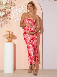 Loomaby Pregnant Women's Elegant Floral Print Mermaid Dress,Gender Reveal Dress,Baby Shower Dress,Maternity Dress - Red - View 4