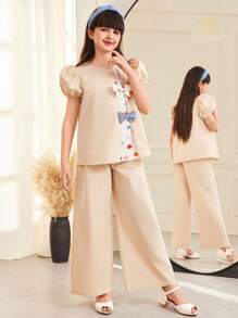 SHEIN Leap Crew Tween Girls Loose Casual Round Neck Puff Sleeve Colorblock Embroidered Ditsy Floral Butterfly Decor 2Pcs Shirt & Pants Set, Spring/Summer - Apricot - View 3