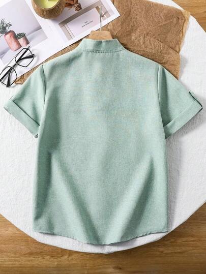 SHEIN Vacaura 1pc Tween Boys' Stand Collar Gentleman Style Blue Solid Casual Short Sleeve Shirt, Spring/Summer Shirts For Boys Shirts For Boys Kids Shirts For Kids Boys Summer Holiday