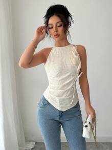 Chiquease Sexy Chiffon 3D Flower Decor Spaghetti Strap Asymmetric Hem Camisole Top