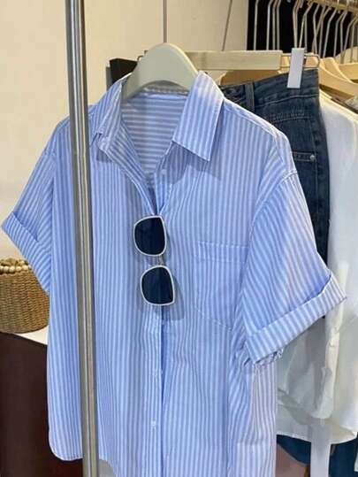 SHEIN Women Plus Size Striped Short Sleeve Single-Breasted Casual Loose Shirt
