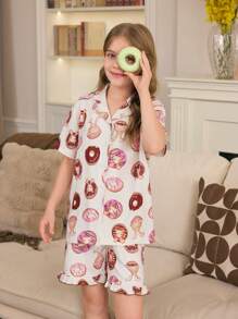 2pcs Girls Cute Rabbit & Donut Print Top & Shorts Set, Simple Stylish Casual Home Wear - Beige - View 4