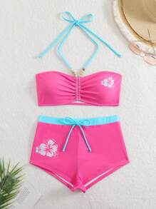 SHEIN Swim Mod Bộ đồ bơi Bandeau màu đỏ hồng đi nghỉ mát dành cho nữ kèm quần Boyshort - Màu Hồng Tươi - Xem 7