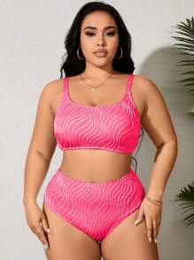 Swim Lushoire 2 bộ đồ bơi Tankini Jacquard cỡ lớn cho nữ, đồ bơi thời trang thường ngày cho kỳ nghỉ - Màu Hoa hồng đỏ - Xem 3