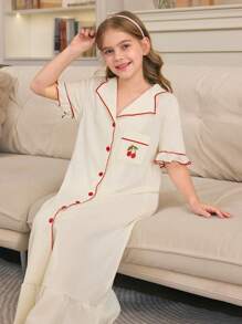 SHEIN Vestido de pijama informal de unicolor con bolsillo y estampado de cerezas con cuello de solapa y botones para niña preadolescente, adecuado para interiores y exteriores, moda de vuelta al colegio en primavera/verano - Albaricoque - Ver 6