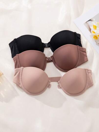 3 件套简约无肩带性感女士胸罩，前扣式钢圈胸罩
