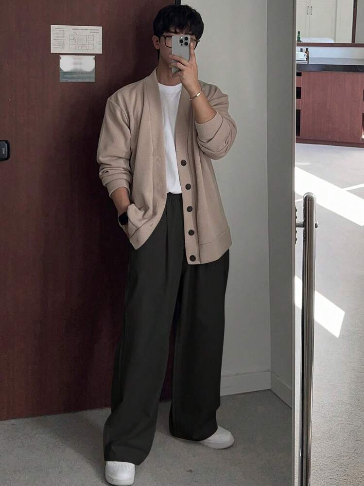 DAZY Pantalones casuales sueltos de pierna ancha de color negro sólido para hombre, otoño - Negro - Añade 5