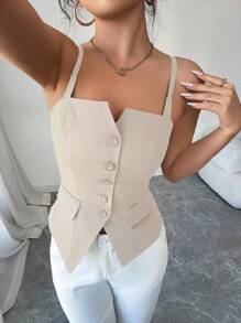 Selianne 女士可调节吊带背心，带荷叶边下摆和侧开衩，黑色