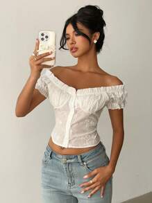 Aloruh Women's Spring/Summer White Shirt With 3D Embroidered Buttons - White - View 1