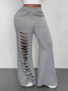 Maweii Plus Size Floral Gray Distressed Wide Leg Loose Fit Pants Fall Cloth For Women - Grey - View 4