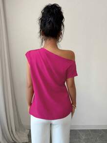 Elenzga Women's Minimalist Solid Color Ruched Asymmetrical Shoulder Blouse, Summer - Hot Pink - View 2