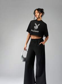 Missguided x Playboy Boxy Cropped T-Shirt Rhinestone Bunny Logo Streetwear Fashion Statement Casual Top Party Club Wear Urban Style - Black - View 3